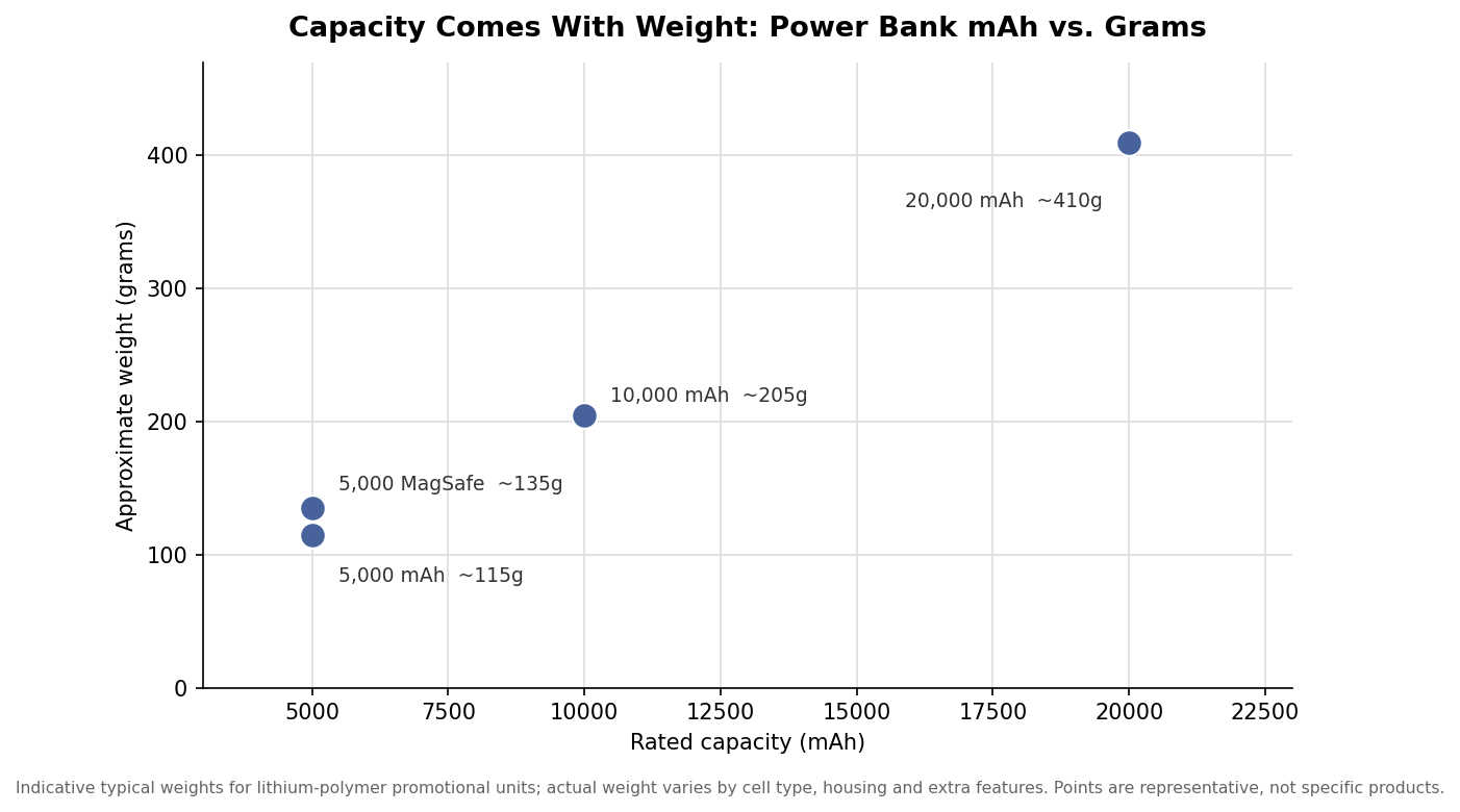 Scatter plot of power bank rated capacity in mAh against approximate weight in grams